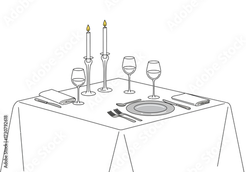 A dining table is set for two with silverware wine glasses candles plates and napkins on a white tablecloth