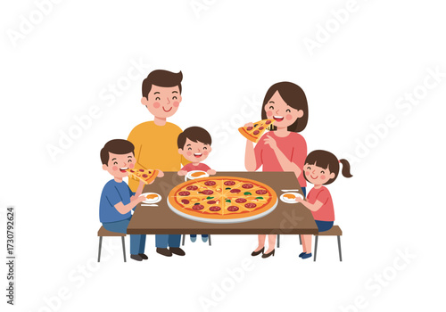 A family of five eating pizza at a table together