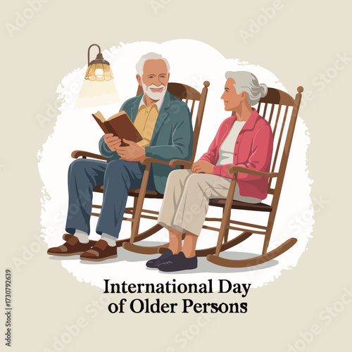 Minimal solid color vector illustration for International Day of Older Persons, celebrating global unity, elderly care, human rights, compassion, dignity, and family love across generations