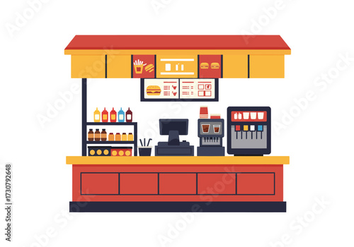 A fast food counter with menu board soda fountain sauces and a cash register