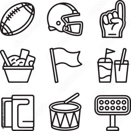 American Football Game Day Vector Icons Ball, Helmet, Foam Finger, Snack, Flag, Drum, Playbook, Fans, and Goalpost Outline Art Collection