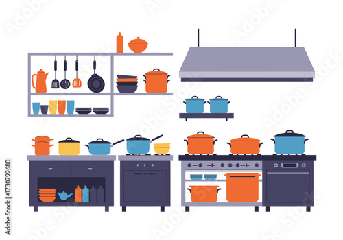 A kitchen scene with shelves a range hood counters an oven and various cookware