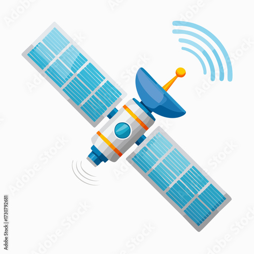 Cartoon satellite orbiting earth delivering wireless communication network services in vector format