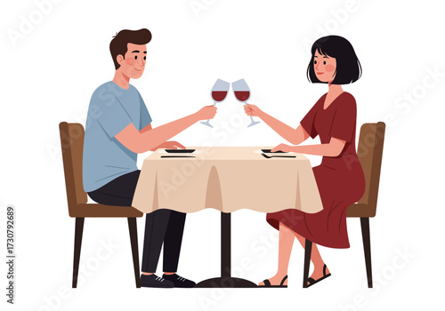 A man and woman at a table toasting glasses of red wine