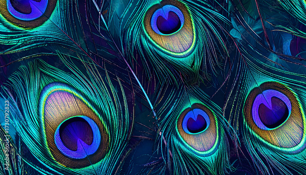Obraz premium Seamless pattern of peacock feathers with iridescent green and blue tones