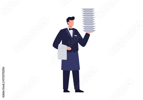 A waiter in a tuxedo holds a tall stack of plates