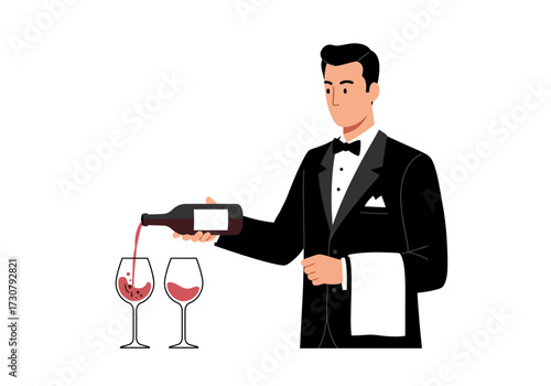 A waiter in a tuxedo pours red wine into two stemmed glasses