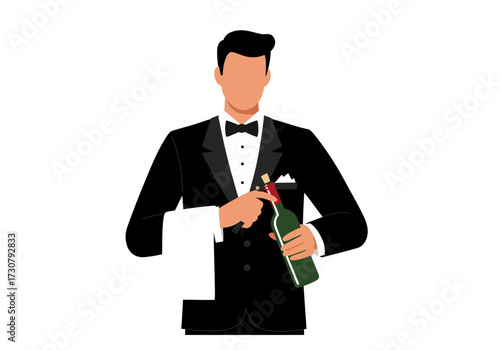 A waiter opens a green wine bottle with a corkscrew in a black tuxedo and bow tie