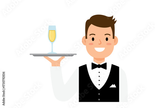 A waiter in a vest holds a tray with champagne