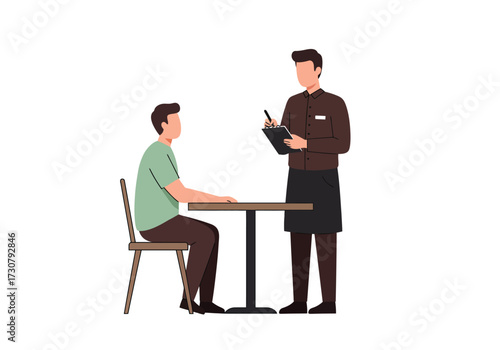A waiter takes an order from a seated customer in a restaurant