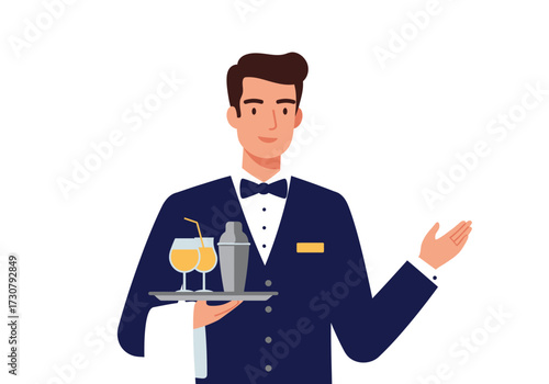 A waiter in formal attire presents a tray with two drinks and a cocktail shaker