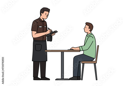 A waiter takes an order from a seated customer at a table in a restaurant
