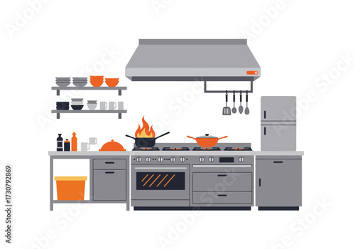 An illustration of a commercial kitchen with stainless steel appliances and cooking utensils
