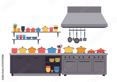 An illustration of a professional kitchen showcasing pots pans utensils and equipment