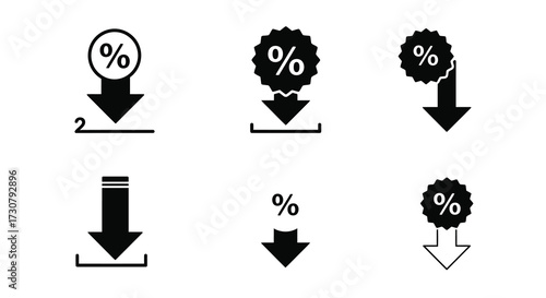 Black and white discount symbols with downward pointing arrows illustrated simply
