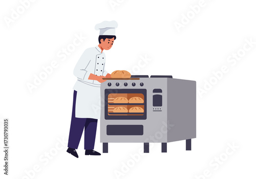 Chef in uniform places bread on oven with more bread already baking inside