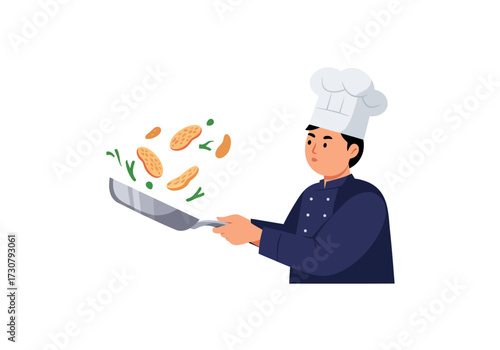 Chef in uniform tosses food in a pan with vegetables  fried chunks