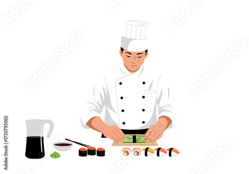 Chef makes sushi soy sauce wasabi  chopsticks included