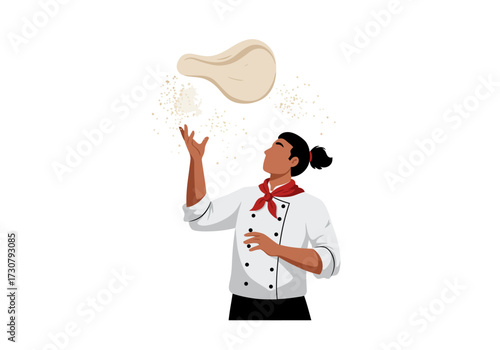 Chef tossing dough wearing a white coat and red neckerchief