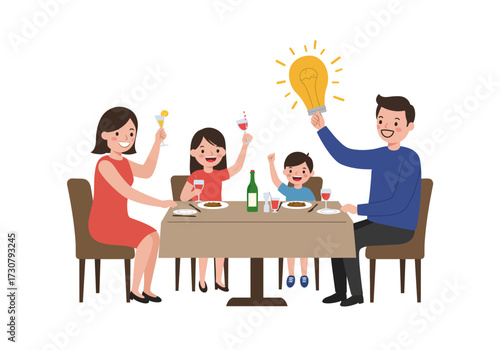 Family of four at a dinner table dad holds up a lightbulb