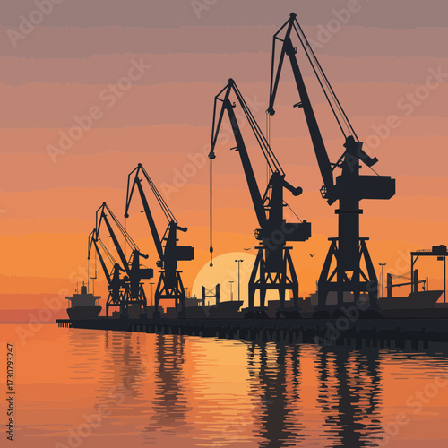 Silhouette view of harbor cranes and ships at sunset with colorful orange sky backdrop, concept for industrial projects, logistics visualization and shipping solutions presentation