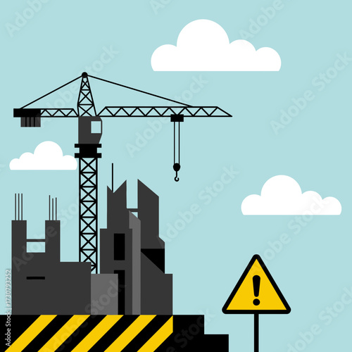 Cartoon illustration of a construction site with crane and unfinished building under cloudy sky. Concept for architectural planning, structural engineering and infrastructure development