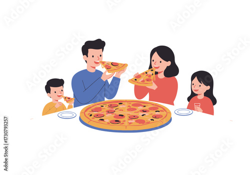 Family of four eating a large pepperoni pizza at a table with plates