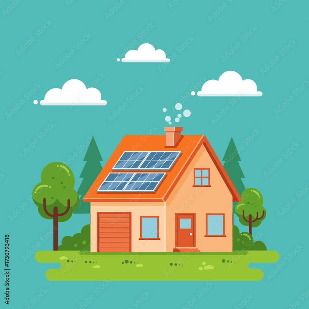 Naklejka premium Illustration of a cozy house with solar panels on its orange roof surrounded by trees, concept for sustainable living, green energy and residential development