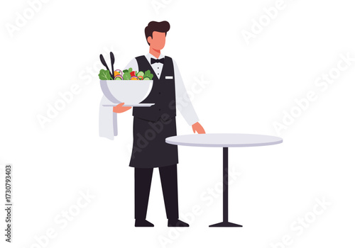 Server with salad by round table wearing uniform