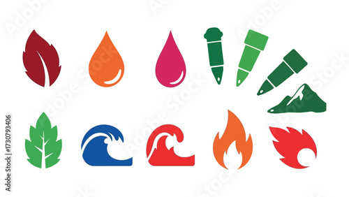 Elemental Icons: A set of modern vector icons representing the elements of nature, perfectly suited for use in designs related to ecology, nature, and environmental themes. 
