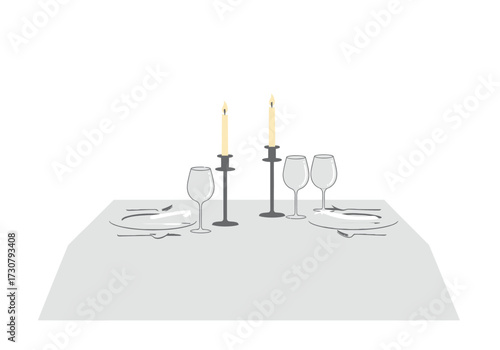 Set table with plates silverware wine glasses candles  white tablecloth