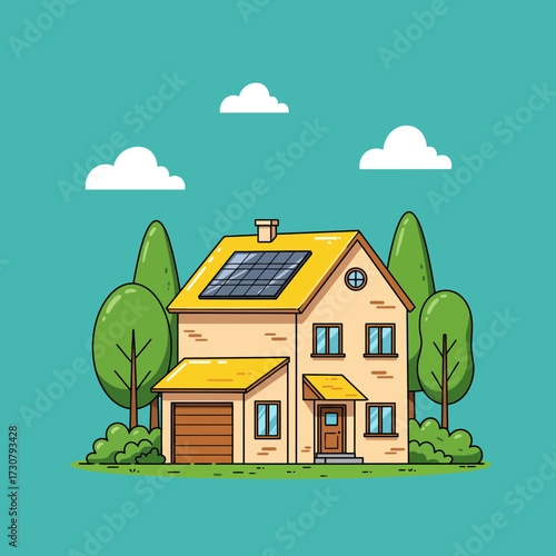 Illustration of a cozy two-story house with solar panels, surrounded by trees and shrubs under a bright sky, concept for sustainable living, renewable energy solutions and eco-friendly house design