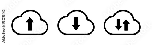 Cloud upload, download, and sync icons representing data transfer, cloud storage, and file synchronization in digital applications and cloud services