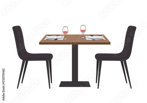 Table with two place settings wine glasses and chairs on either side
