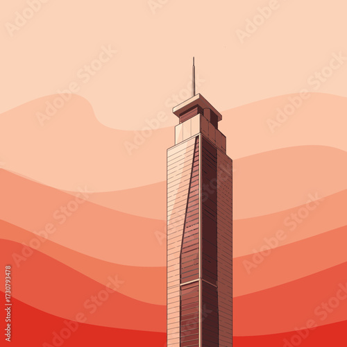 Modern tall building with spire under vibrant red sky layers and geometric lines, concept for urban development planning, financial district visualization and architectural presentation