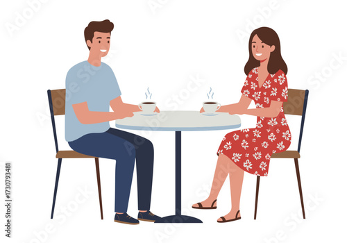 Two people sit at a round table each with a cup of steaming coffee