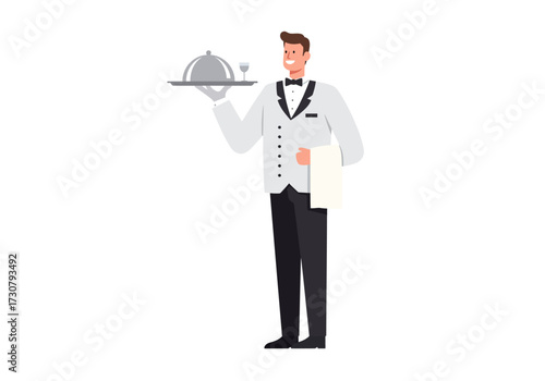Waiter holding a tray with a covered dish and a glass dressed in a white waistcoat and black bow tie