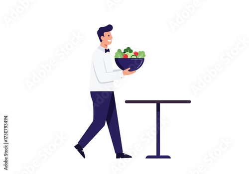 Waiter carrying salad near table