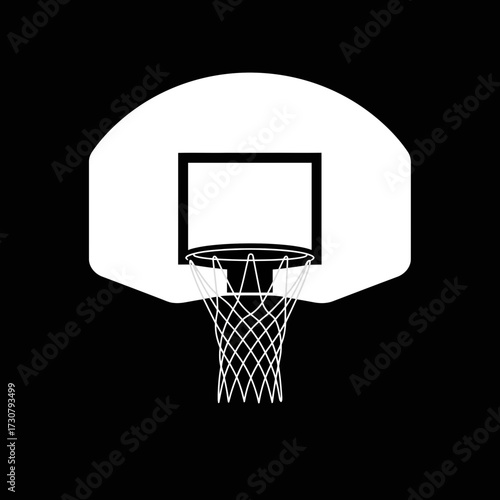 A basketball hoop with net depicted in minimalistic white against a stark black backdrop illustration, concept for sports equipment design, athletic themes and recreational activities