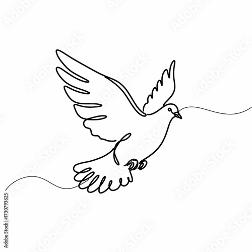 One line drawing of a dove in flight holding a slender olive branch, symbolizing hope and new beginnings. Concept for peace promotion, spiritual representation and minimalist art projects