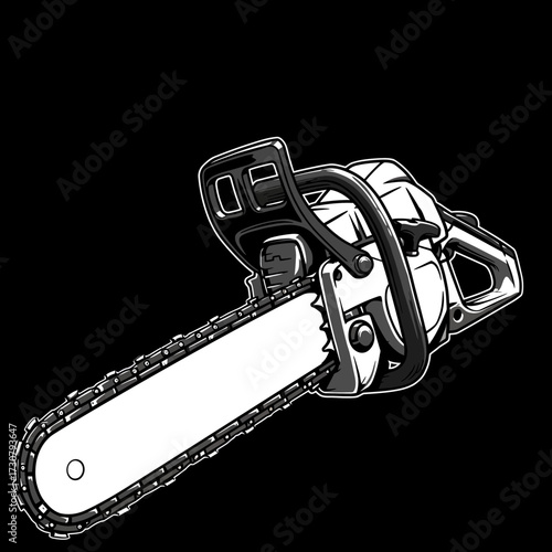 Monochrome cartoon illustration depicts a chainsaw tool on a black background, concept for forestry equipment branding, lumberjack design and dangerous tools advertisement