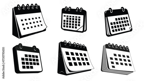 Set of Black and White Desk Calendar Icons in Different Styles Representing Planning, Scheduling and Business Organization_New 3D Style Vector Illustration