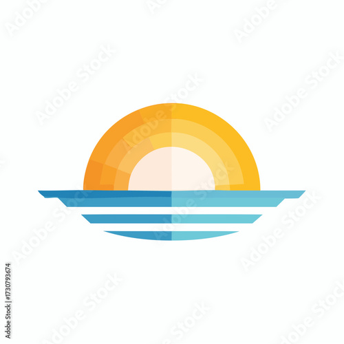 Minimalist vector illustration of a serene sunrise over calm ocean waters symbol