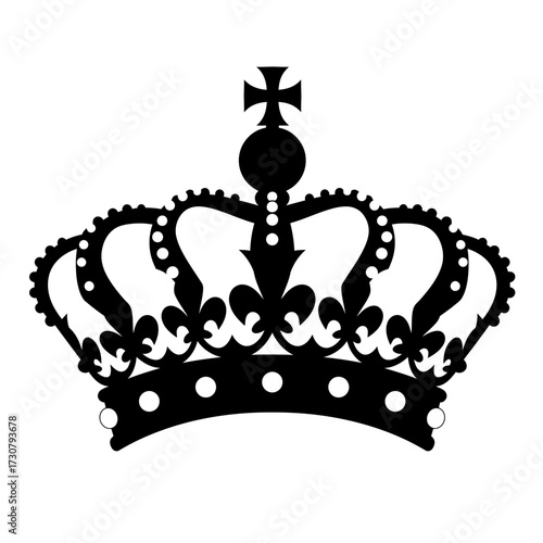 Elegant black crown with intricate fleur-de-lis and cross design over white backdrop. Concept for regal emblem, luxury brand representation and majestic symbol, power