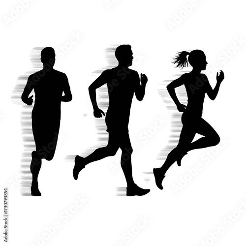 Silhouettes of three figures running in dynamic poses against a stark white backdrop creating contrast, concept for fitness promotion, marathon advertisement and sports team emblem design