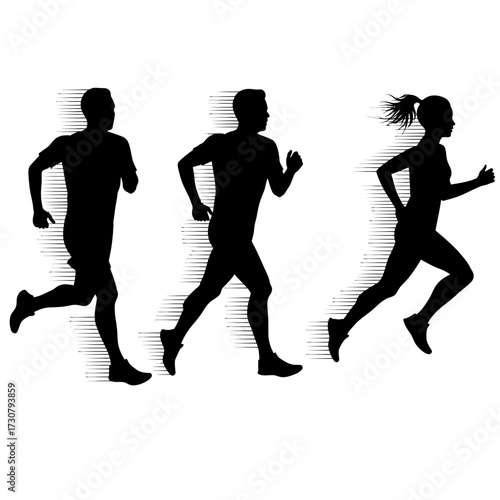 Silhouetted figures of male and female runners in motion, vector illustration, concept for marathon promotion, athletic competition, and sports event posters