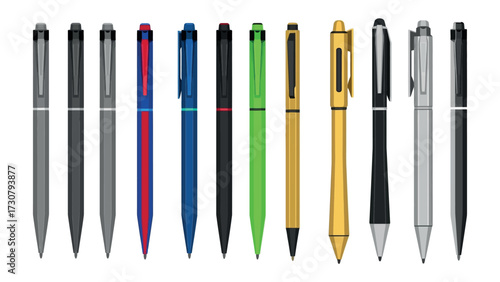 Assorted Pen Collection: An array of sleek, modern pens in various colors and designs is elegantly arranged against a minimalist backdrop, showcasing their sophisticated writing instruments.