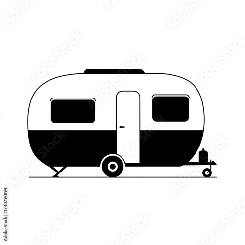 Black and white illustration of a vintage camper trailer with a rounded shape and classic design. Concept for recreational vehicle design, minimalist camping graphics and travel themed visual