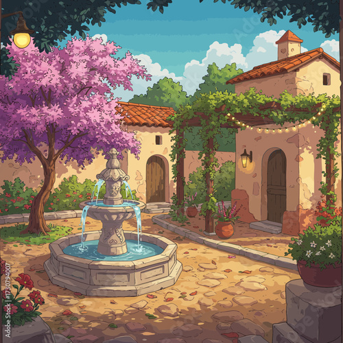 Charming Spanish-style courtyard with a tiered fountain cascading water under a pink blossoming tree. Concept for peaceful retreat, Mediterranean lifestyle and serene vacation