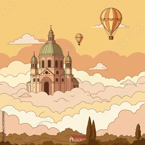 An illustration of a majestic building nestled amongst clouds with hot air balloons floating in a dreamy sky, concept for travel posters, architectural designs and whimsical artwork